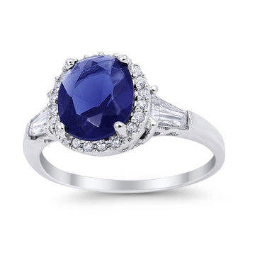Halo Engagement Ring Baguette Simulated Blue Sapphire CZ 925 Sterling Silver